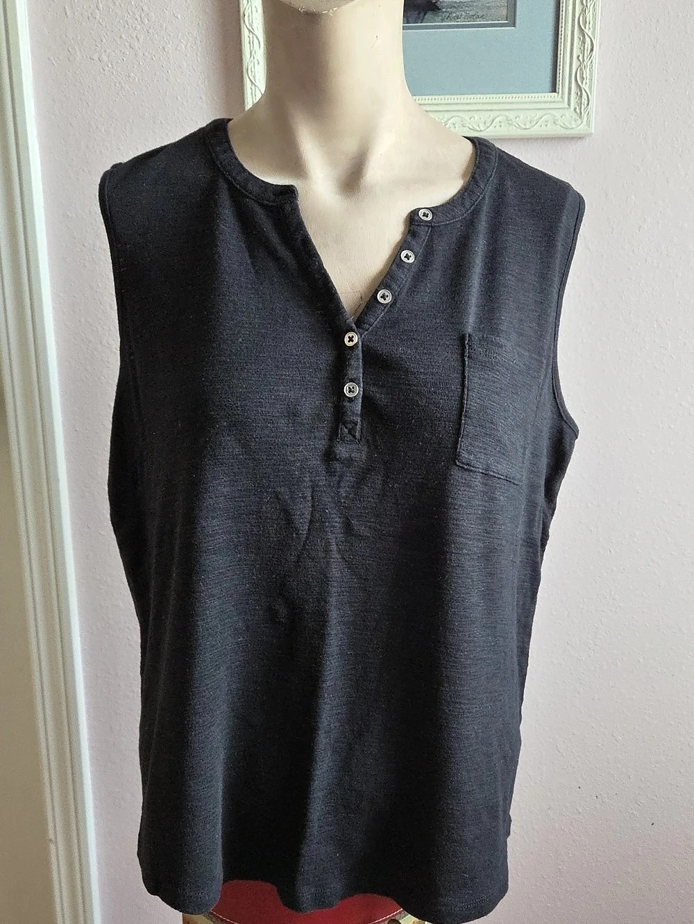 Liz Claiborne Button Front Cotton Tank Top Black Size Large